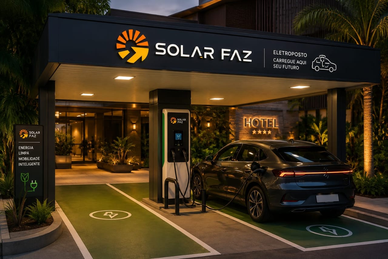 Estação de recarga instalada na entrada de um hotel, com carro elétrico ligado ao carregador